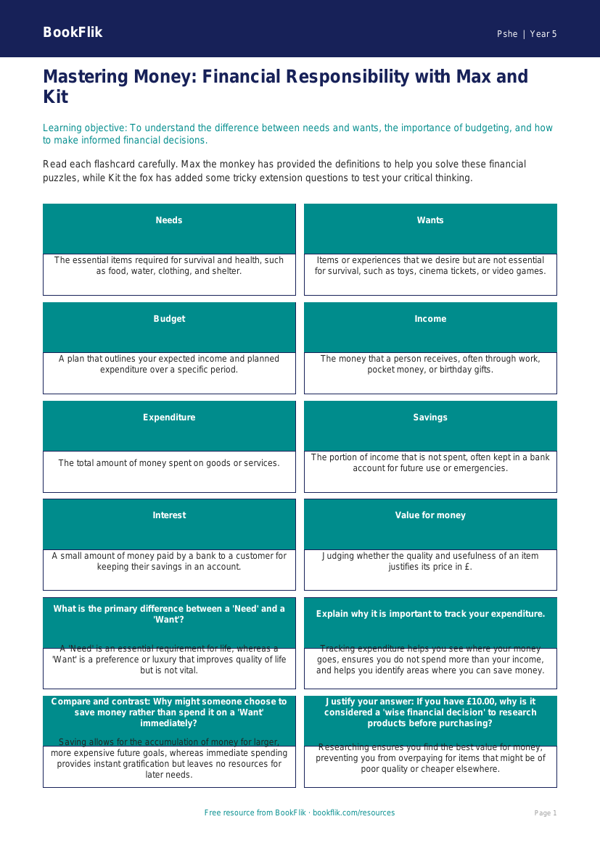 Free Money Flashcards | Year 5 Greater Depth | BookFlik worksheet preview — Pshe Money