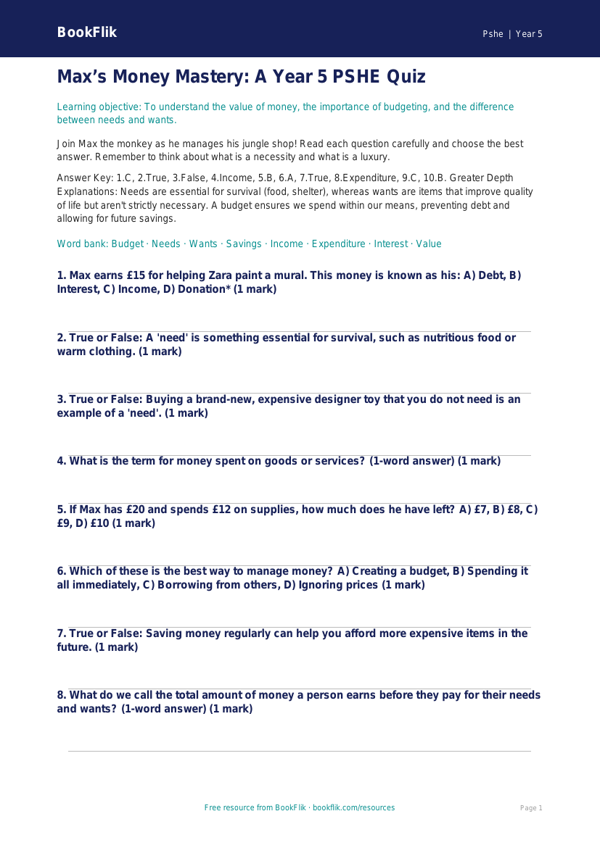 Free Money Quiz | Year 5 Greater Depth | BookFlik worksheet preview — Pshe Money