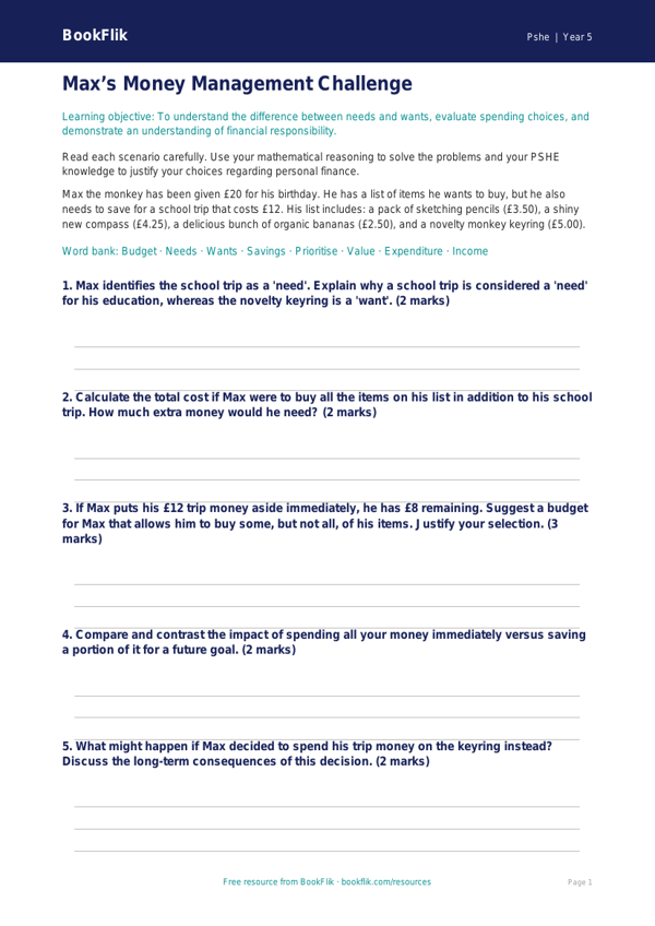 Free Money Worksheet | Year 5 Greater Depth | BookFlik worksheet preview — Pshe Money