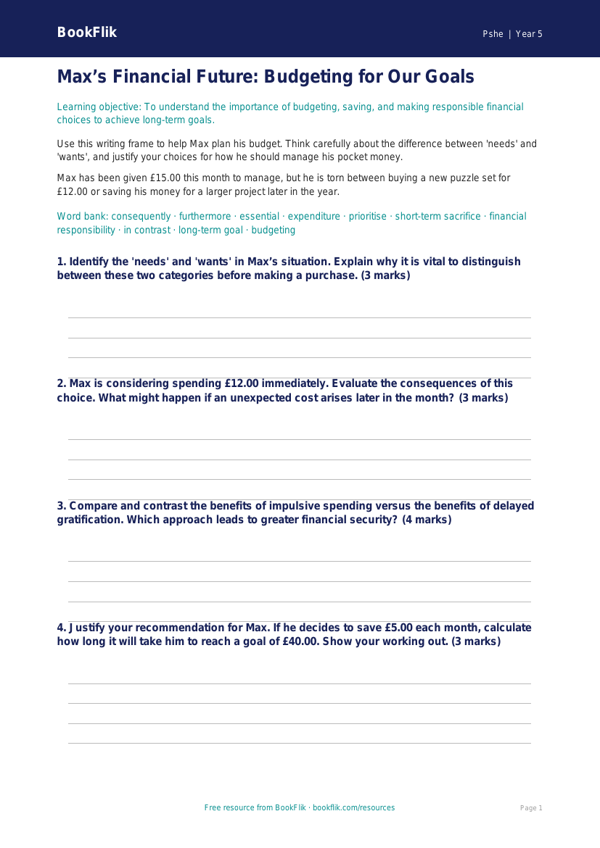 Free Money Writing Frame | Year 5 Greater Depth | BookFlik worksheet preview — Pshe Money