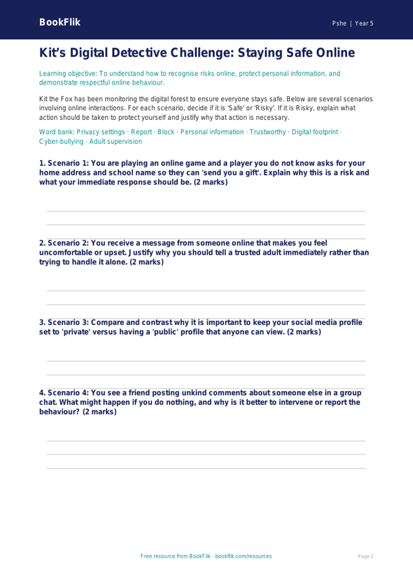 Free Online Safety Activity Sheet | Year 5 Greater Depth | BookFlik worksheet preview — Pshe Online Safety