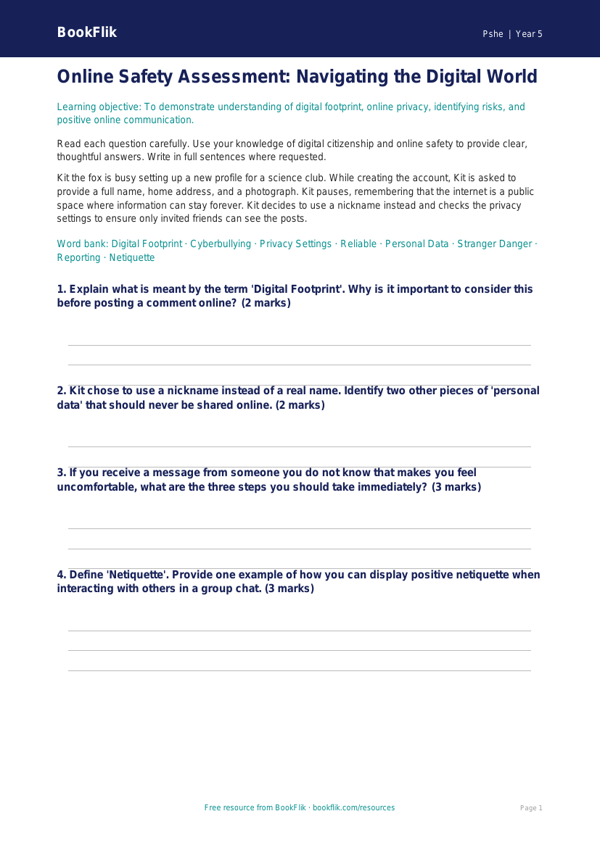 Free Online Safety Assessment | Year 5 Greater Depth | BookFlik worksheet preview — Pshe Online Safety