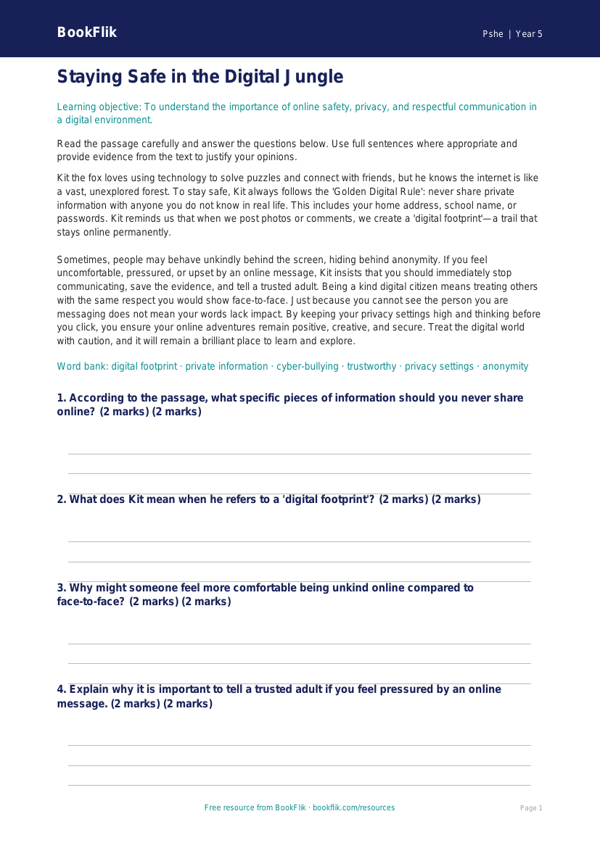 Free Online Safety Comprehension | Year 5 Greater Depth | BookFlik worksheet preview — Pshe Online Safety