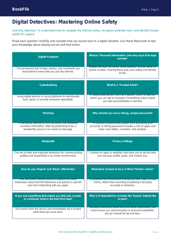 Free Online Safety Flashcards | Year 5 Greater Depth | BookFlik worksheet preview — Pshe Online Safety