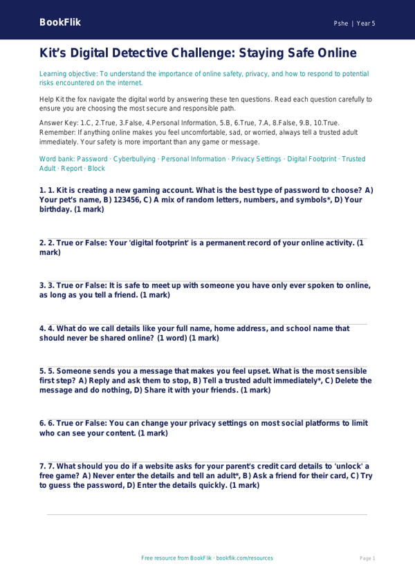 Free Online Safety Quiz | Year 5 Greater Depth | BookFlik worksheet preview — Pshe Online Safety