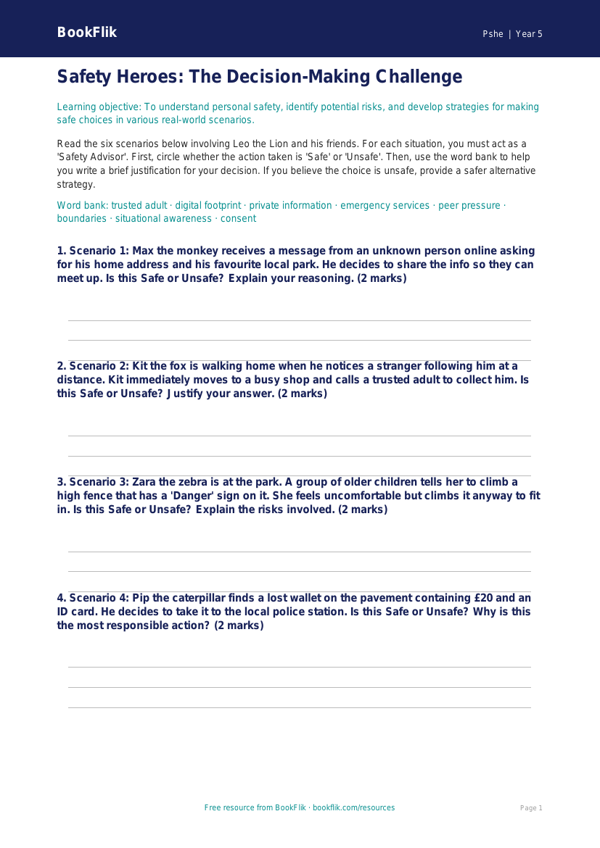 Free Personal Safety Activity Sheet | Year 5 Greater Depth | BookFlik worksheet preview — Pshe Personal Safety