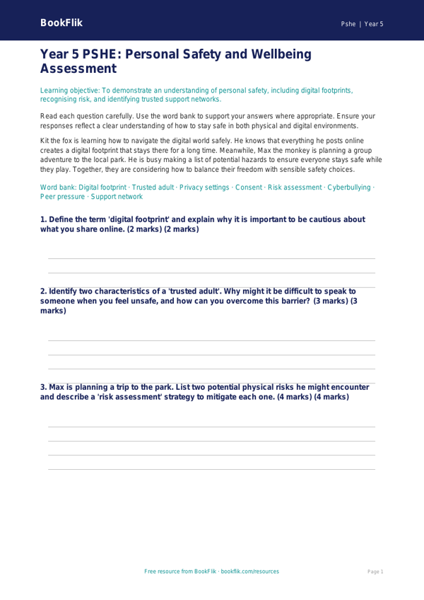 Free Personal Safety Assessment | Year 5 Greater Depth | BookFlik worksheet preview — Pshe Personal Safety