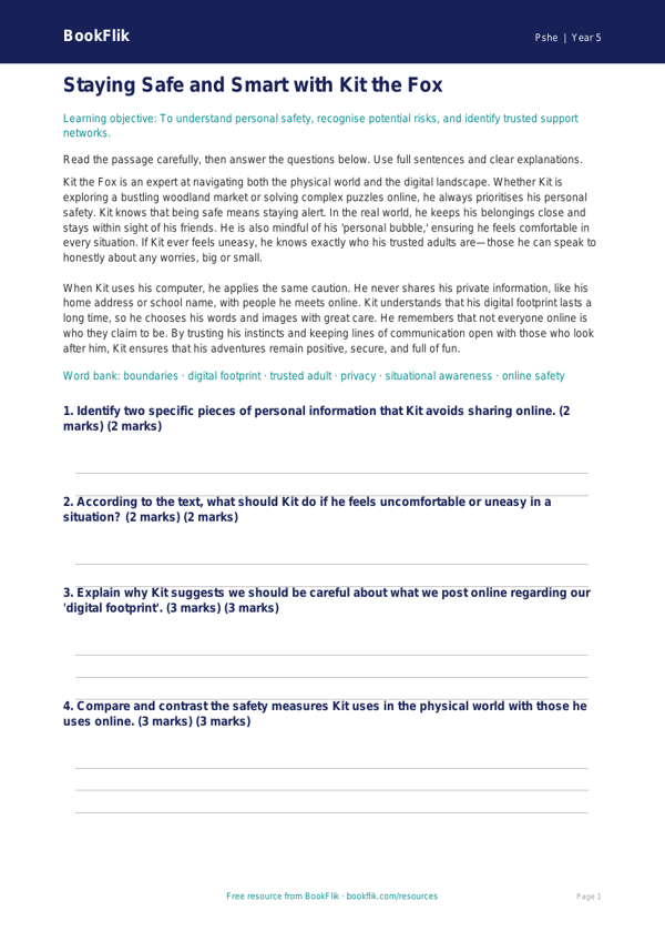 Free Personal Safety Comprehension | Year 5 Greater Depth | BookFlik worksheet preview — Pshe Personal Safety
