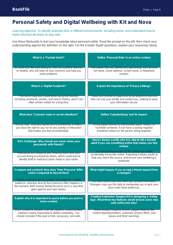 Free Personal Safety Flashcards | Year 5 Greater Depth | BookFlik worksheet preview — Pshe Personal Safety