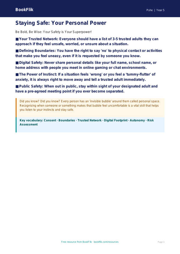 Free Personal Safety Poster | Year 5 Greater Depth | BookFlik worksheet preview — Pshe Personal Safety
