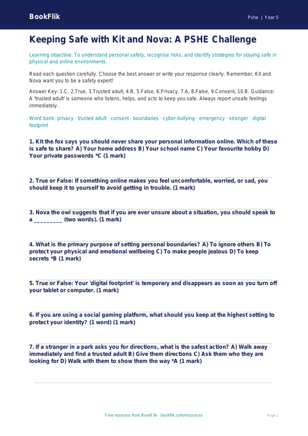 Free Personal Safety Quiz | Year 5 Greater Depth | BookFlik worksheet preview — Pshe Personal Safety