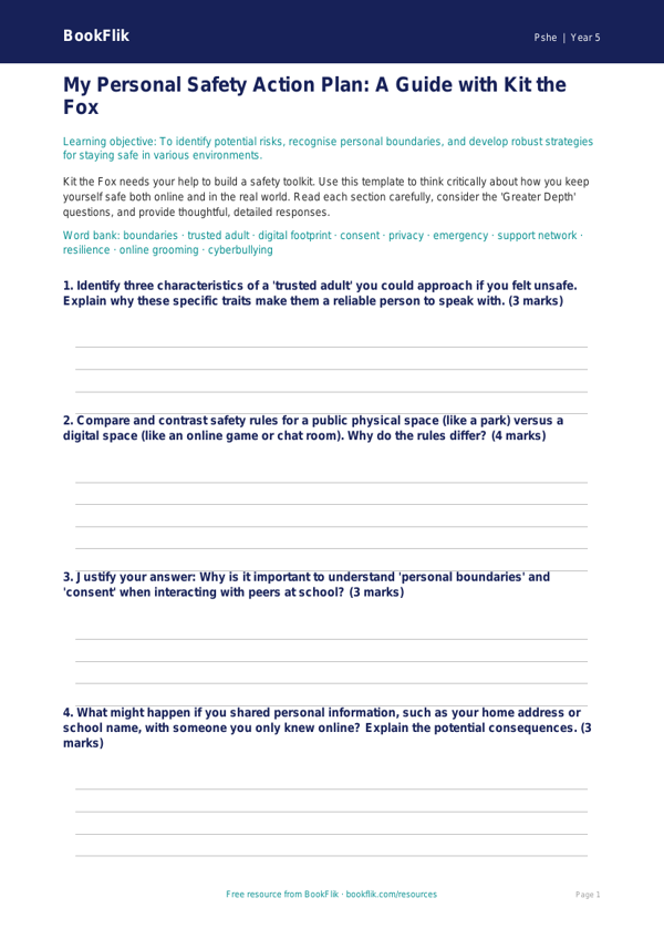 Free Personal Safety Template | Year 5 Greater Depth | BookFlik worksheet preview — Pshe Personal Safety