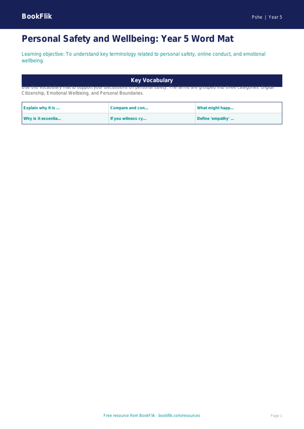 Free Personal Safety Word Mat | Year 5 Greater Depth | BookFlik worksheet preview — Pshe Personal Safety