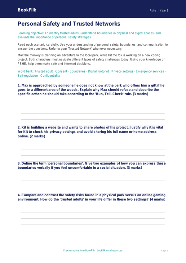 Free Personal Safety Worksheet | Year 5 Greater Depth | BookFlik worksheet preview — Pshe Personal Safety