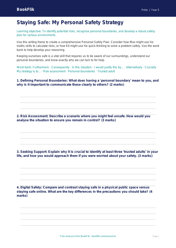 Free Personal Safety Writing Frame | Year 5 Greater Depth | BookFlik worksheet preview — Pshe Personal Safety
