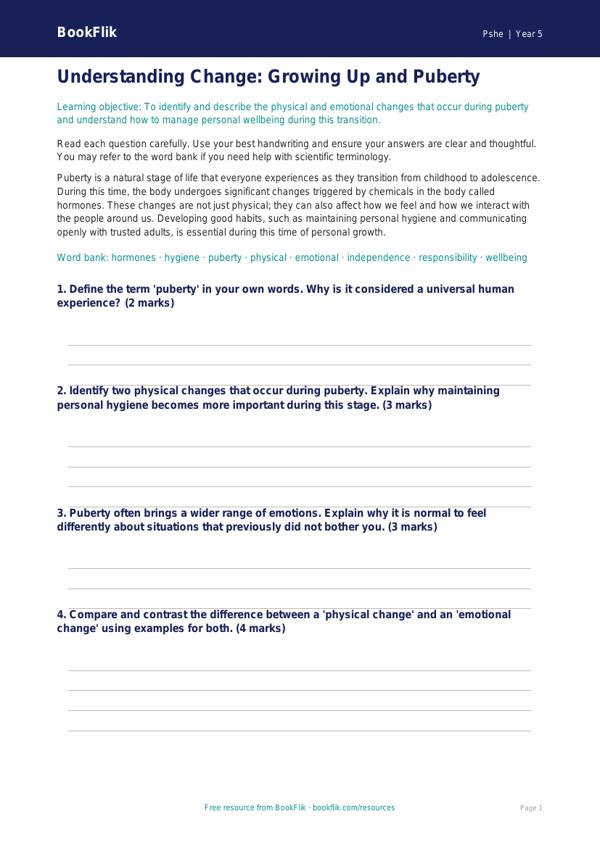 Free Puberty Assessment | Year 5 Greater Depth | BookFlik worksheet preview — Pshe Puberty