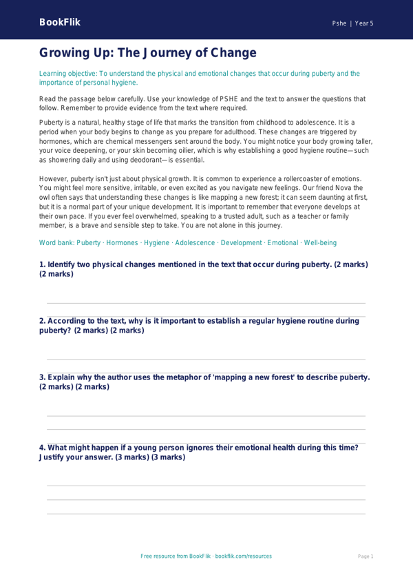 Free Puberty Comprehension | Year 5 Greater Depth | BookFlik worksheet preview — Pshe Puberty
