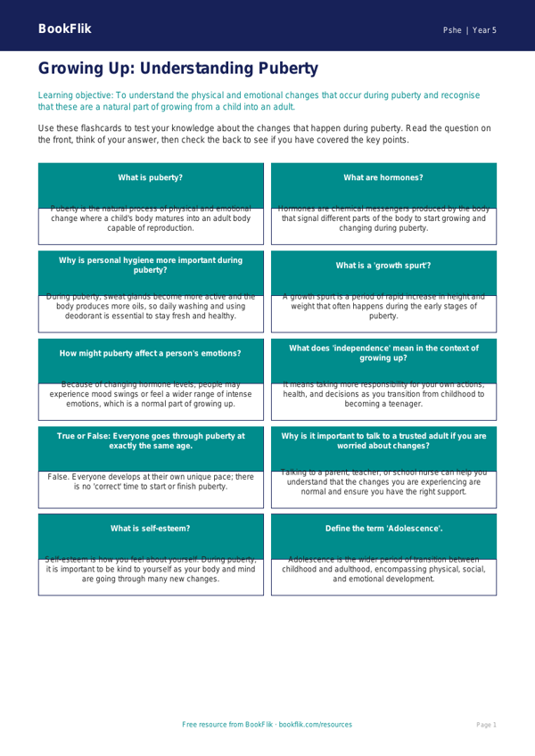 Free Puberty Flashcards | Year 5 Greater Depth | BookFlik worksheet preview — Pshe Puberty
