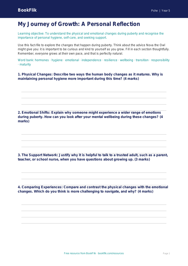 Free Puberty Template | Year 5 Greater Depth | BookFlik worksheet preview — Pshe Puberty