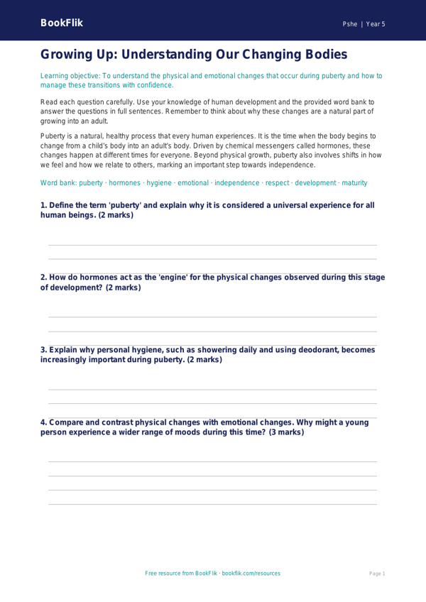 Free Puberty Worksheet | Year 5 Greater Depth | BookFlik worksheet preview — Pshe Puberty