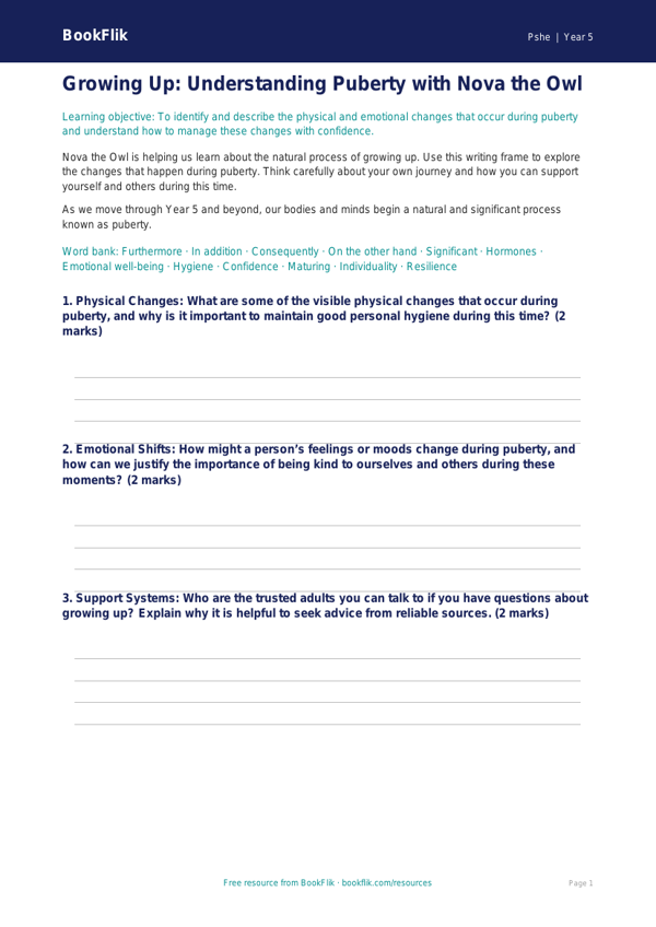 Free Puberty Writing Frame | Year 5 Greater Depth | BookFlik worksheet preview — Pshe Puberty