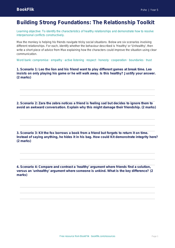 Free Relationships Activity Sheet | Year 5 Greater Depth | BookFlik worksheet preview — Pshe Relationships
