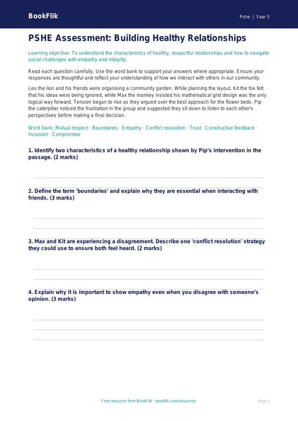 Free Relationships Assessment | Year 5 Greater Depth | BookFlik worksheet preview — Pshe Relationships