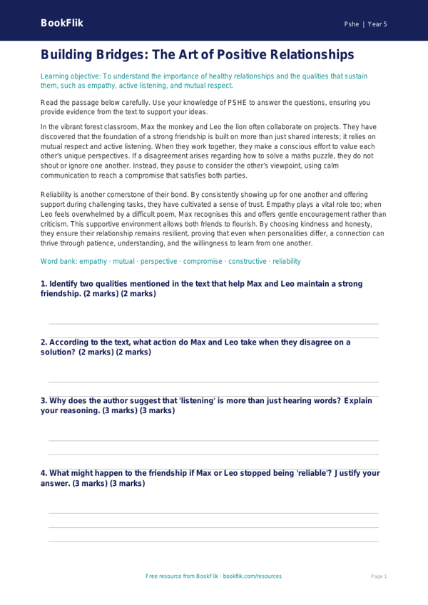 Free Relationships Comprehension | Year 5 Greater Depth | BookFlik worksheet preview — Pshe Relationships
