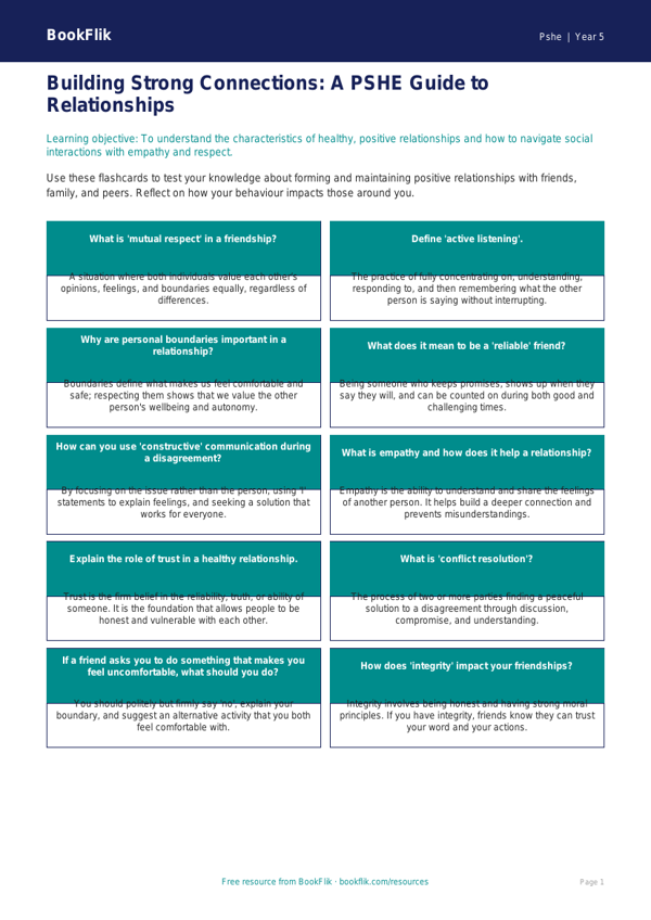 Free Relationships Flashcards | Year 5 Greater Depth | BookFlik worksheet preview — Pshe Relationships