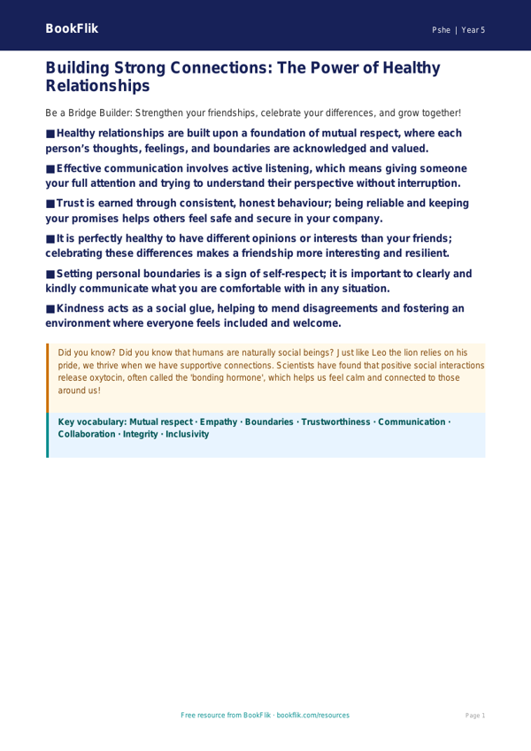 Free Relationships Poster | Year 5 Greater Depth | BookFlik worksheet preview — Pshe Relationships