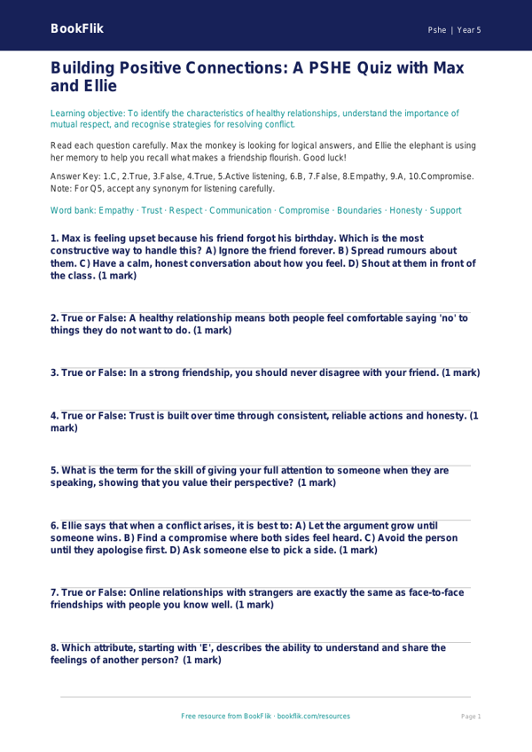 Free Relationships Quiz | Year 5 Greater Depth | BookFlik worksheet preview — Pshe Relationships