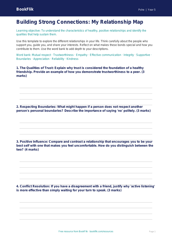 Free Relationships Template | Year 5 Greater Depth | BookFlik worksheet preview — Pshe Relationships