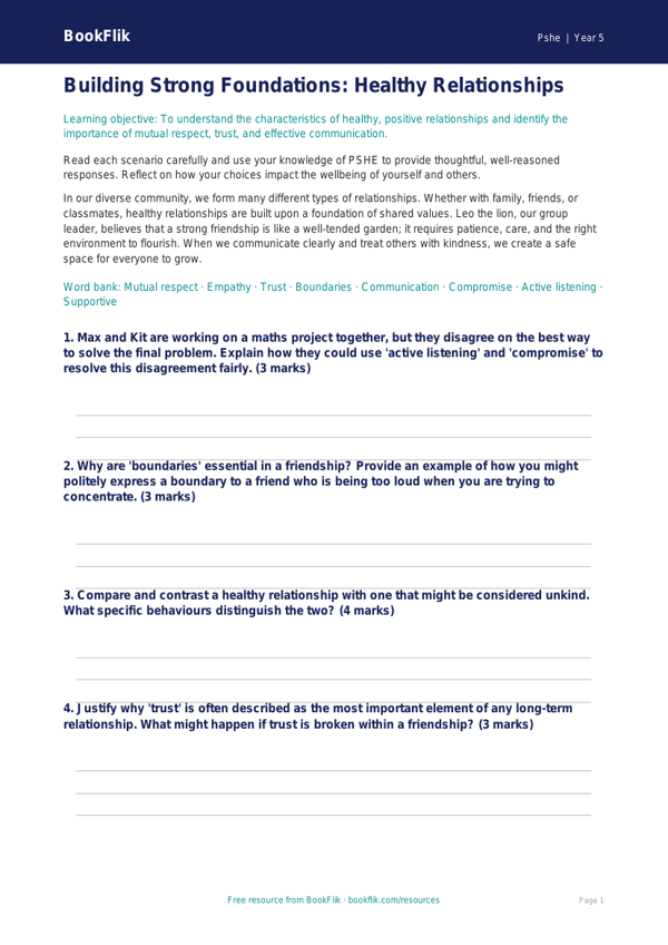 Free Relationships Worksheet | Year 5 Greater Depth | BookFlik worksheet preview — Pshe Relationships