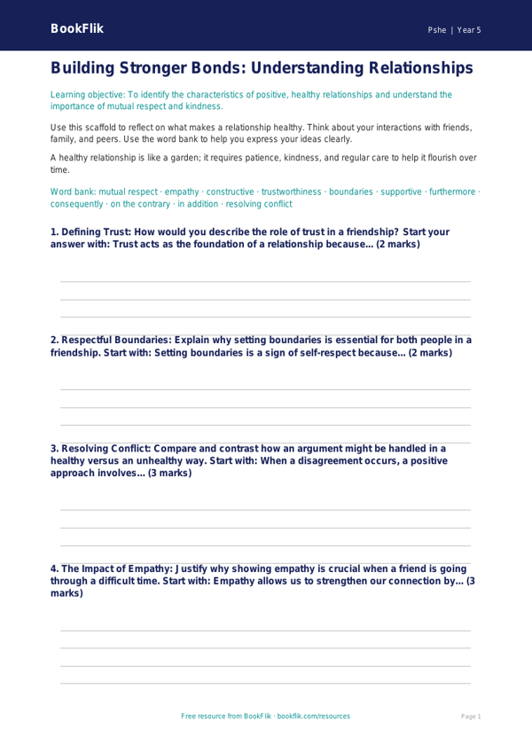 Free Relationships Writing Frame | Year 5 Greater Depth | BookFlik worksheet preview — Pshe Relationships
