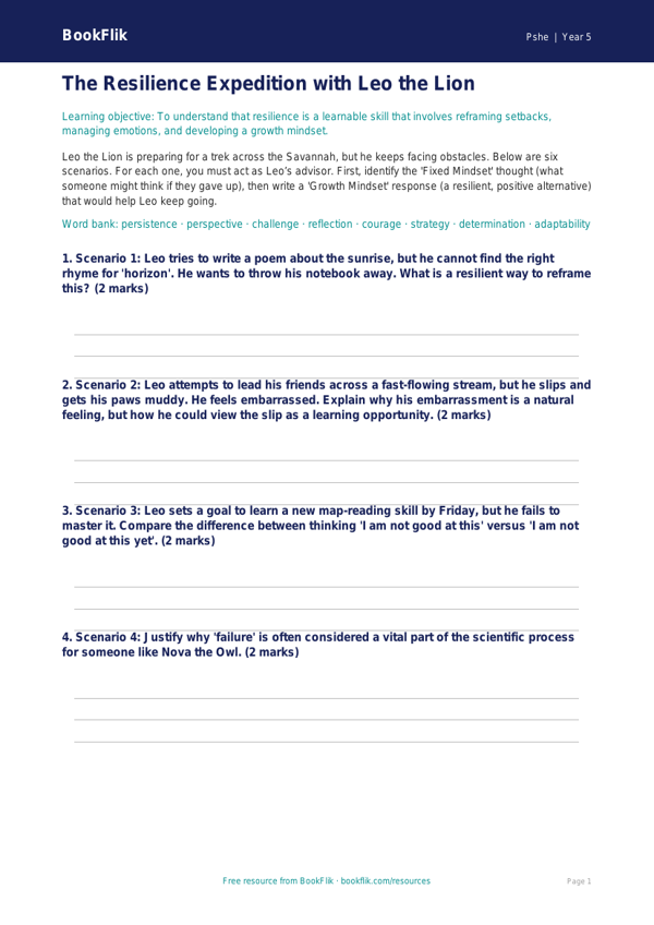 Free Resilience Activity Sheet | Year 5 Greater Depth | BookFlik worksheet preview — Pshe Resilience