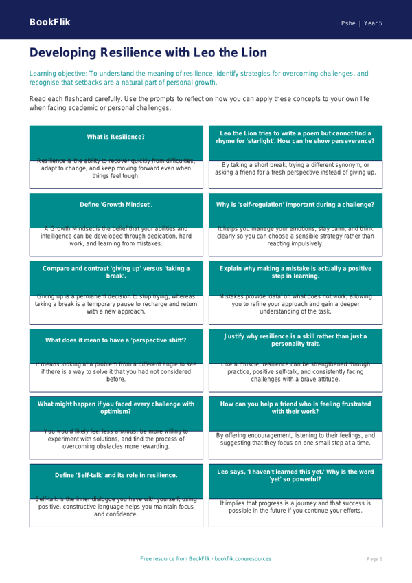 Free Resilience Flashcards | Year 5 Greater Depth | BookFlik worksheet preview — Pshe Resilience