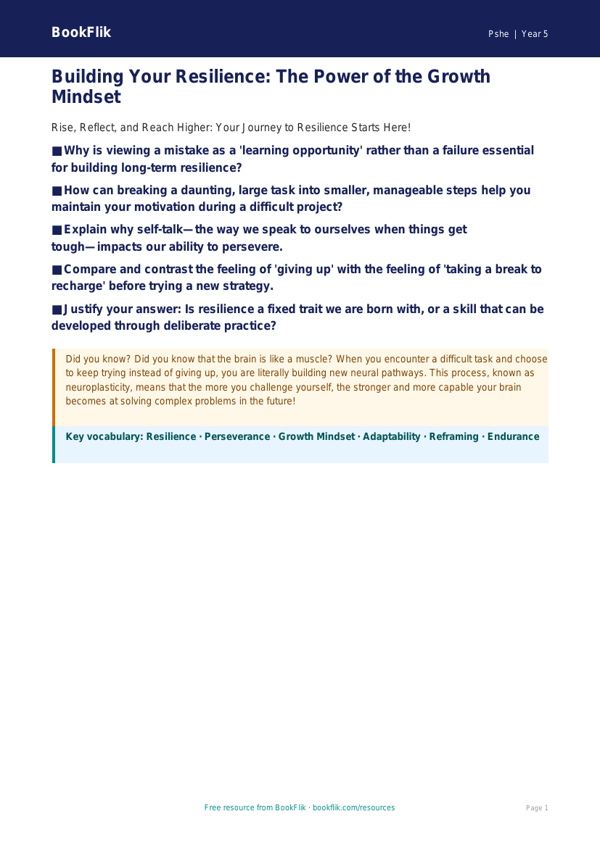Free Resilience Poster | Year 5 Greater Depth | BookFlik worksheet preview — Pshe Resilience