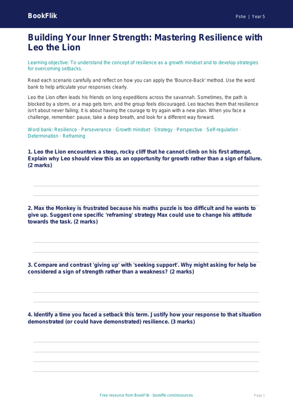 Free Resilience Worksheet | Year 5 Greater Depth | BookFlik worksheet preview — Pshe Resilience