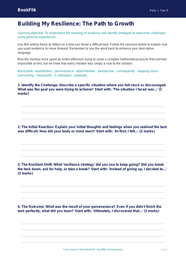 Free Resilience Writing Frame | Year 5 Greater Depth | BookFlik worksheet preview — Pshe Resilience