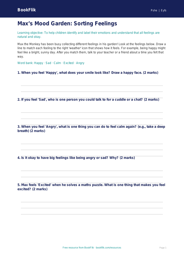 Free Wellbeing Activity Sheet | EYFS Core | BookFlik worksheet preview — Pshe Wellbeing