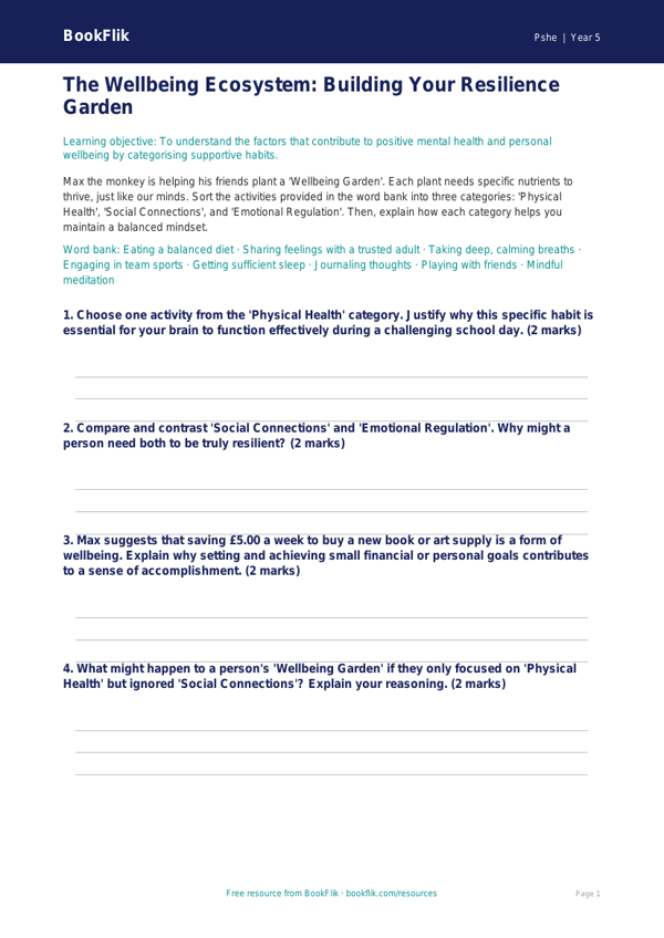 Free Wellbeing Activity Sheet | Year 5 Greater Depth | BookFlik worksheet preview — Pshe Wellbeing