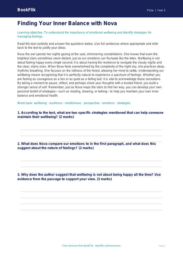 Free Wellbeing Comprehension | Year 5 Greater Depth | BookFlik worksheet preview — Pshe Wellbeing