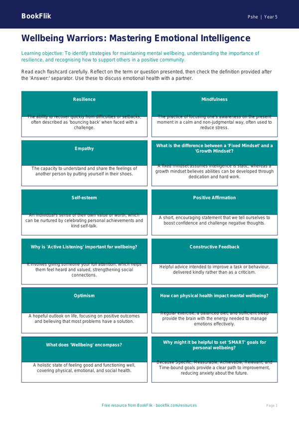 Free Wellbeing Flashcards | Year 5 Greater Depth | BookFlik worksheet preview — Pshe Wellbeing