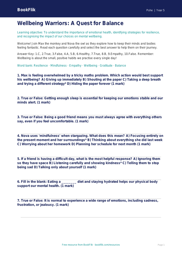 Free Wellbeing Quiz | Year 5 Greater Depth | BookFlik worksheet preview — Pshe Wellbeing