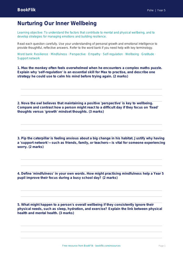 Free Wellbeing Worksheet | Year 5 Greater Depth | BookFlik worksheet preview — Pshe Wellbeing