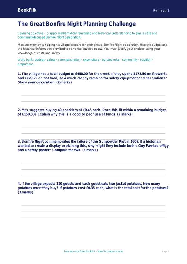Free Bonfire Night Activity Sheet | Year 5 Greater Depth | BookFlik worksheet preview — Re Bonfire Night