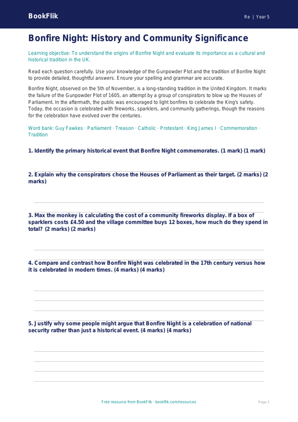 Free Bonfire Night Assessment | Year 5 Greater Depth | BookFlik worksheet preview — Re Bonfire Night