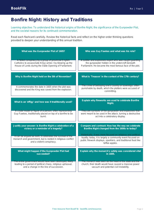 Free Bonfire Night Flashcards | Year 5 Greater Depth | BookFlik worksheet preview — Re Bonfire Night