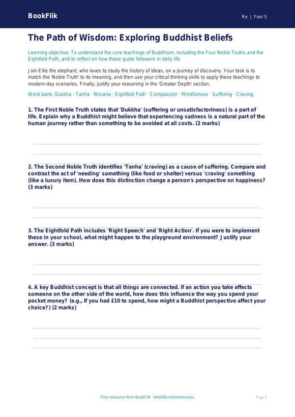 Free Buddhism Activity Sheet | Year 5 Greater Depth | BookFlik worksheet preview — Re Buddhism