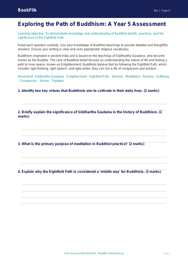 Free Buddhism Assessment | Year 5 Greater Depth | BookFlik worksheet preview — Re Buddhism